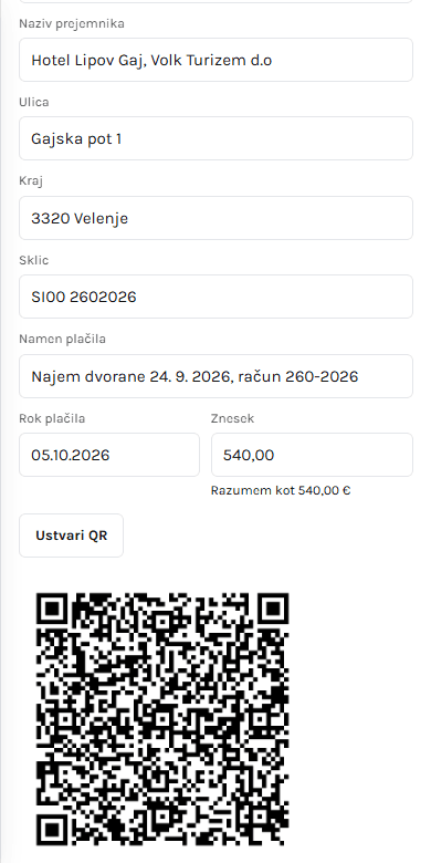 UPN QR koda s podatki, prebranimi iz računa v priponki, na telefonu